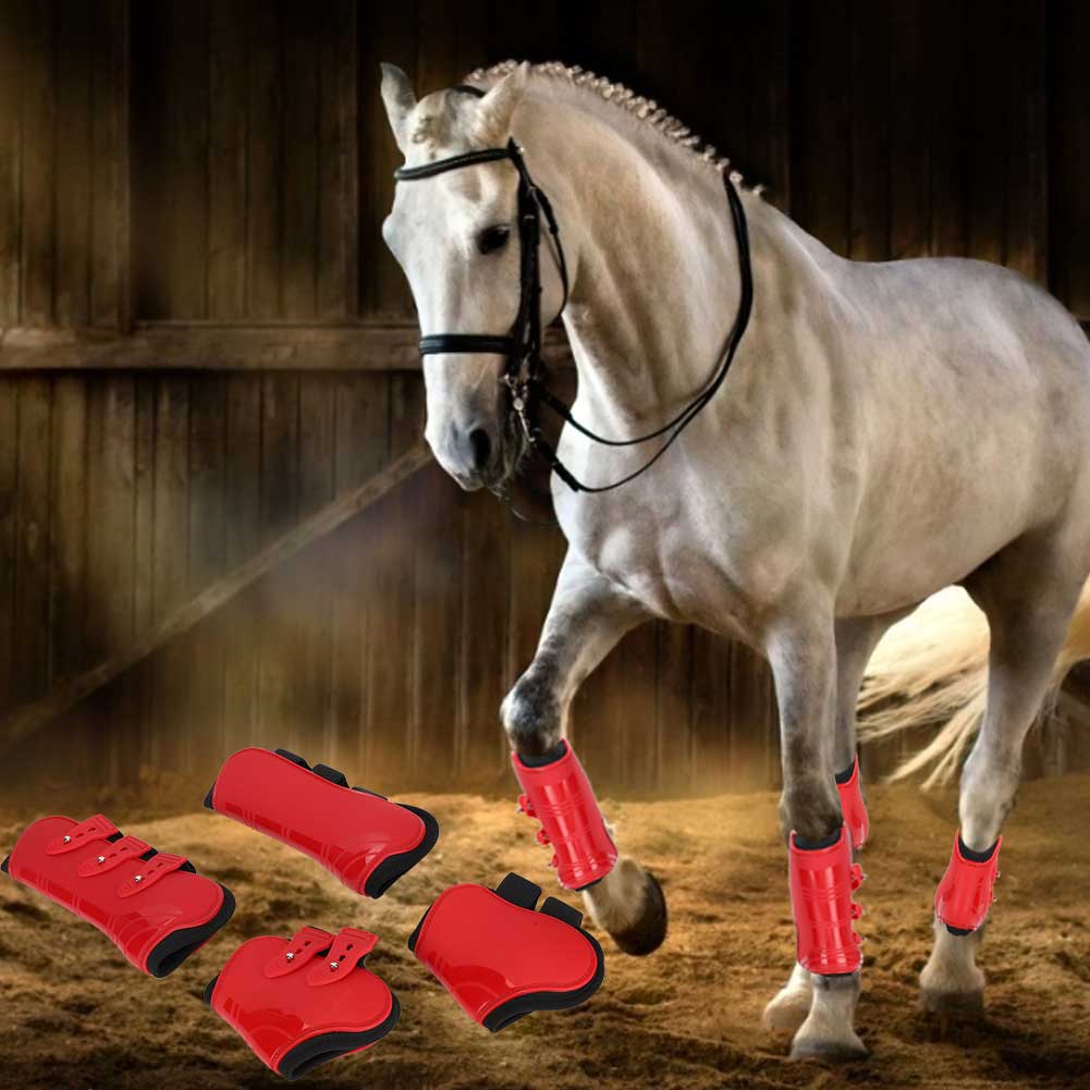 A Set of Fore Hind Leg Boots Adjustable Leg Guard Protector Horse Riding EquipmentRed L