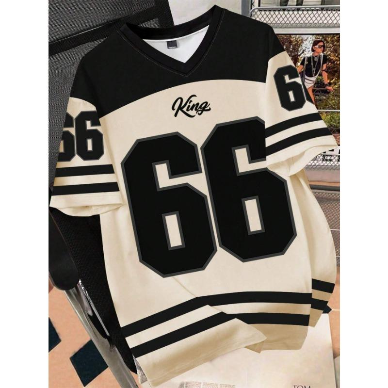 Summer Fashion Women Clothing No.66 V-neck Football Jersey Casual Sport Short Sleeve Top Harajuku Couple Loose Tshirt Streetwear
