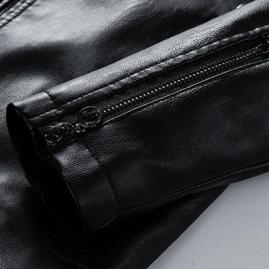 Men Jacket Color Block Long Sleeve Pockets Stand Collar Faux Leather Zipper Coat for Working