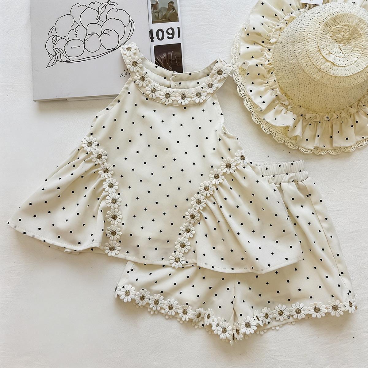 Girls Summer Daisy Polka Dot Halter Top And Shorts Set Sweet Ruffle Trim Kids Casual Two Piece Outfit 90cm