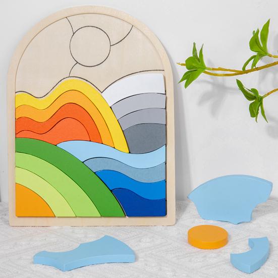 1 szt./3 szt. Zestaw puzzli z drewnianymi kształtami Motyw kwiatów, chmur, wschodu słońca Dopasowywanie kolorów Klocki poznawcze Rozwijanie umiejętności motorycznych Zabawka edukacyjna dla dzieci 3+ lat