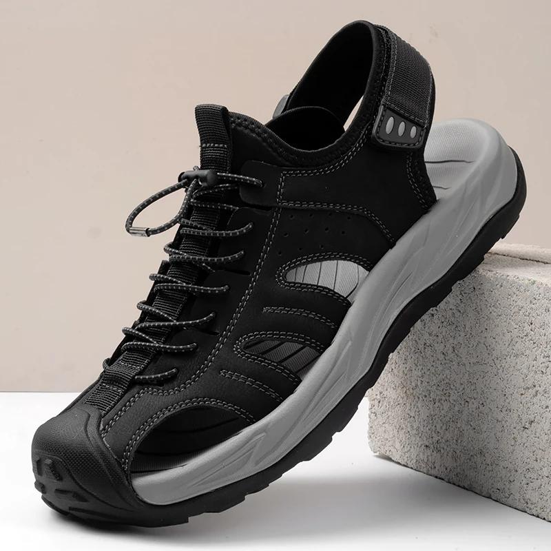 

New Men s Handmade Leather Sandals Flat Sandals Men s Suitable for Beach Vacation Summer Non-slip Sandals Mens Loafers 46 чёрный