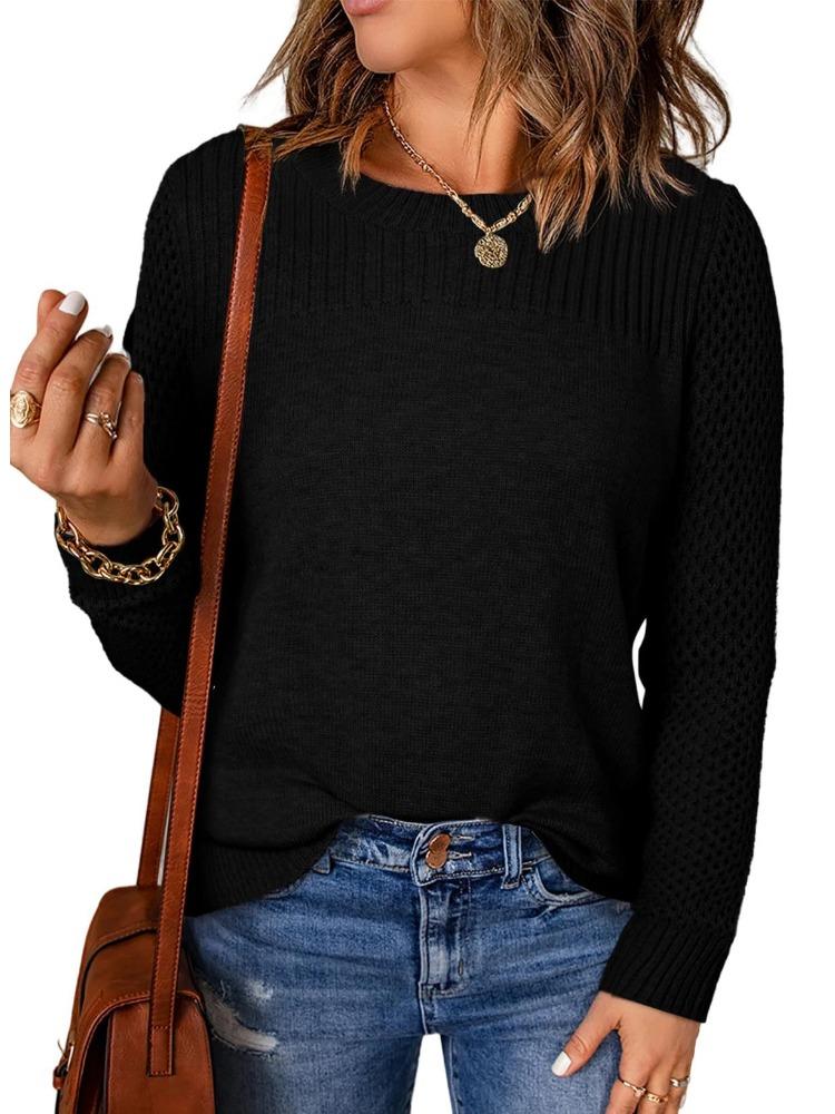Autumn Winter Women's Round Neck Long Sleeve Solid Colour Knitwear Ribbed Openwork Base Layer Sweater Luxurious Relaxed-fit Slimming and Versatile Top