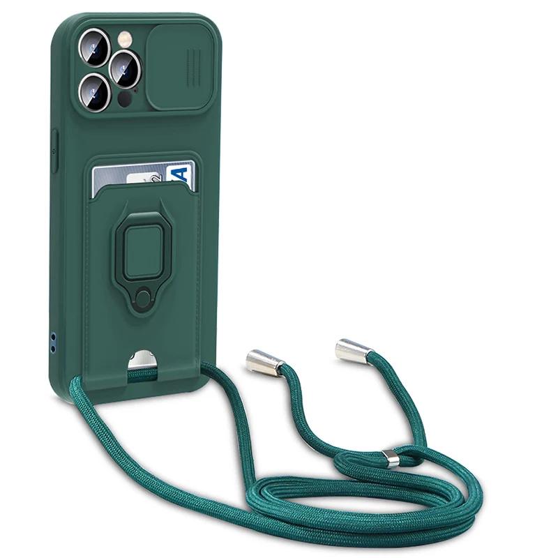 Luxury Soft Silicone Crossbody Necklace Cord Strap Case For Iphone 16 15 14 12 11 Pro Max 16e X XR 7 8 Plus Wallet Card Cover