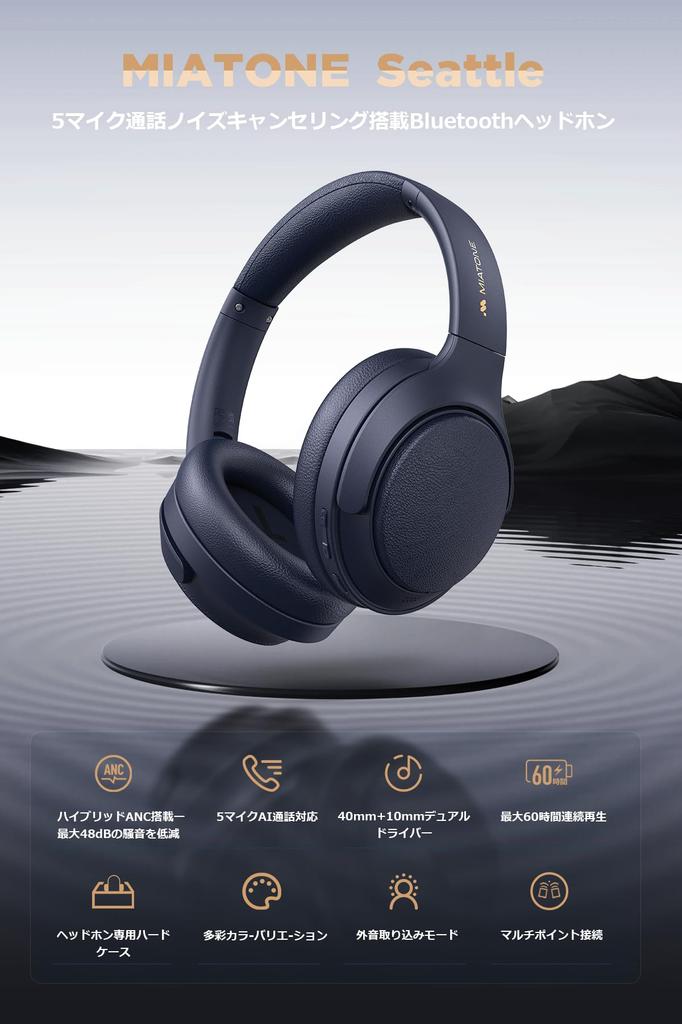 MIATONE Seattle (Bluetooth 5.4 Wireless Headphones) Hybrid Active Noise Cancellation Up To 48dB / Wireless & AUX Wired Connection / Ambient Sound Mode