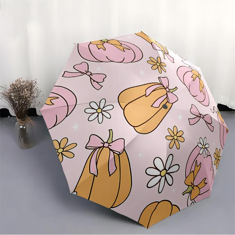 1pc Pumpkin Floral Automatic Open/close Umbrella, 8-Rib Sturdy Structure, Portable Travel Umbrella, Parties, Everyday Use, 11137