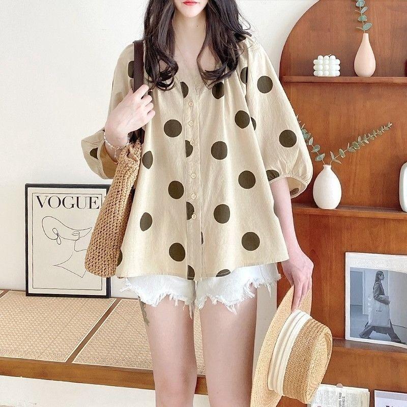 Ladies Polka Dot Shirt Women s Round Neck Lantern Sleeve Blouses Summer New Female Korean Version Versatile Loose Top M