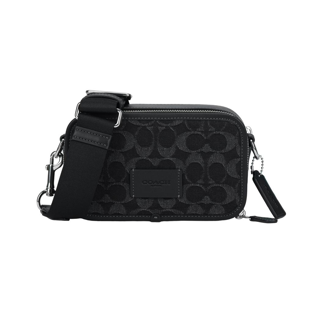 Coach 20 Brand Logo Print Zipper Closure Fabric And Leather Shoulder Crossbody Bag Small Men Bags Black CAJ35-SVBK