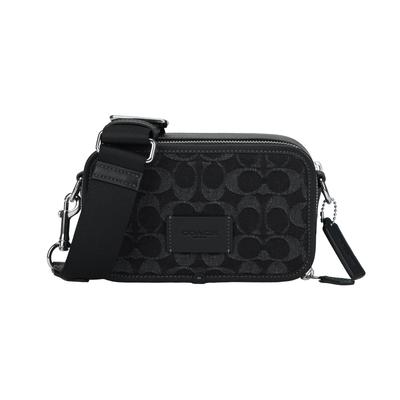 Coach 20 Markenlogo Aufdruck Reißverschluss Stoff und Leder Schulter Crossbody Tasche Kleine Herrentaschen Schwarz CAJ35-SVBK