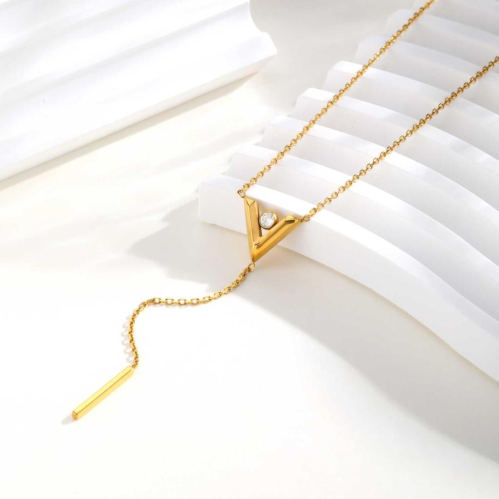 Fashion Minimalist Y-Shaped Long Tassel Necklace, Gold-color Stainless Steel V Necklace, Holiday Party Jewelry for Women Gift