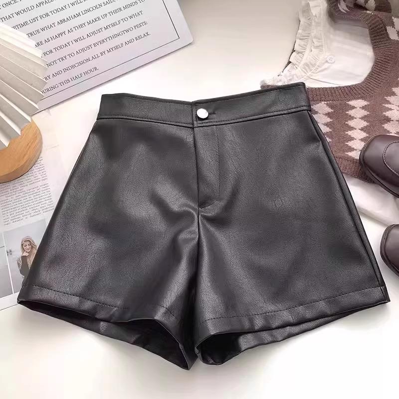 

Женские шорты из искусственной кожи с высокой талией черного цвета - осень/зима 2023 г., облегающие, широкие, модные корейские шорты А-силуэта L