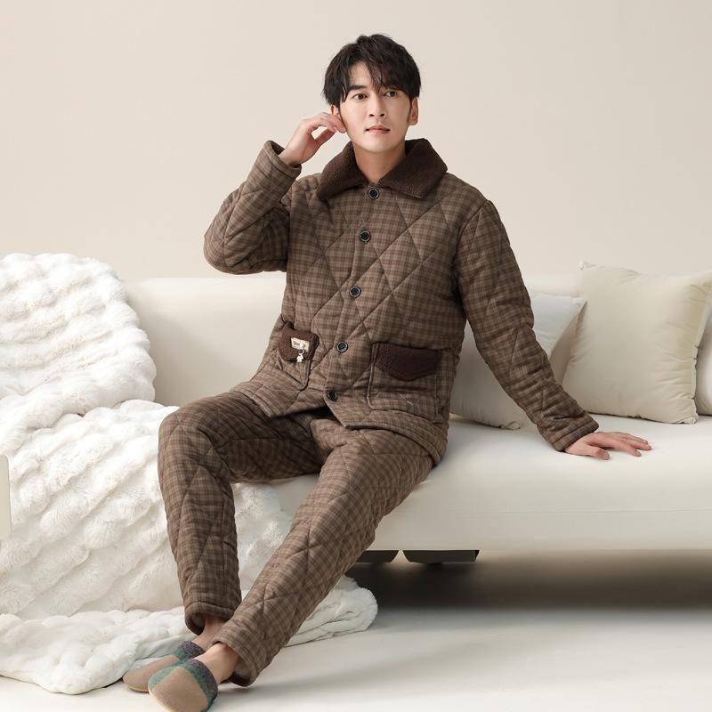Pajamas Men'S Winter Three-Layer Thickened Fleece Pure Cotton Padded Jacket Men'S Autumn And Winter Coral Fleece Ultra-Thick Loungewear