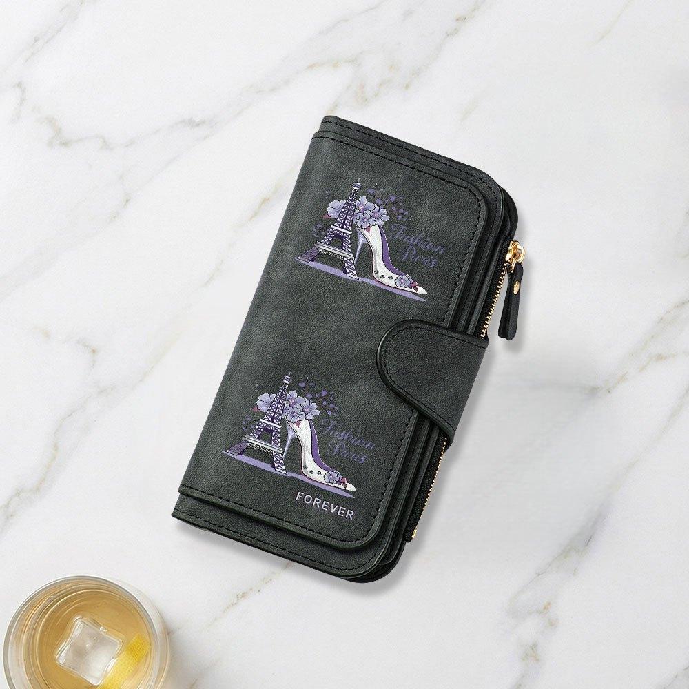 Parisian Fashion High Heeled Shoes and Floral Print Long Wallet Multifunctional Portable Coin Purse with Clasp Suitable for Daily Commuting Large