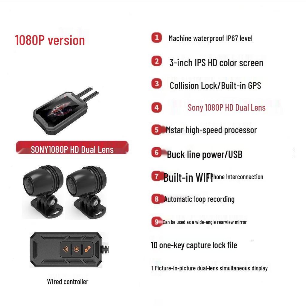 Dual Recording Motorcycle Dash Cam: Front/Rear, HD Night Vision, GPS, Waterproof, WiFi