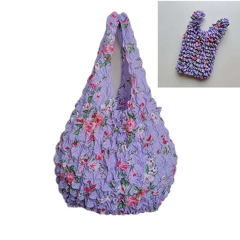 Magic Retractable Bubble Pleated Floral Shopping Bag for Women Lightweight Elastic Reusable Tote