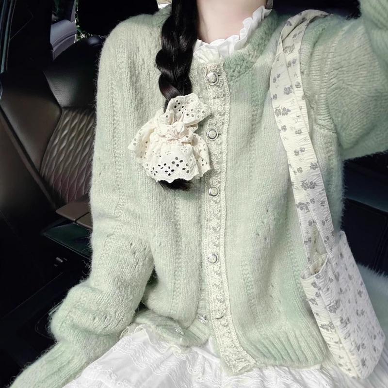 

Green Lace Design Knitted Sweater Cardigan for Women New Spring and Autumn Literary Retro Lazy Jacket Top Onesize зелений