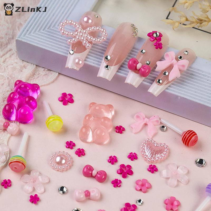 12 Grid Nail Resin Bowknot Bear Nails Art Charms Bowknots Heart Flower Kawaii Diy Decor Lollipop 3D Manicure Rhinestone Tools