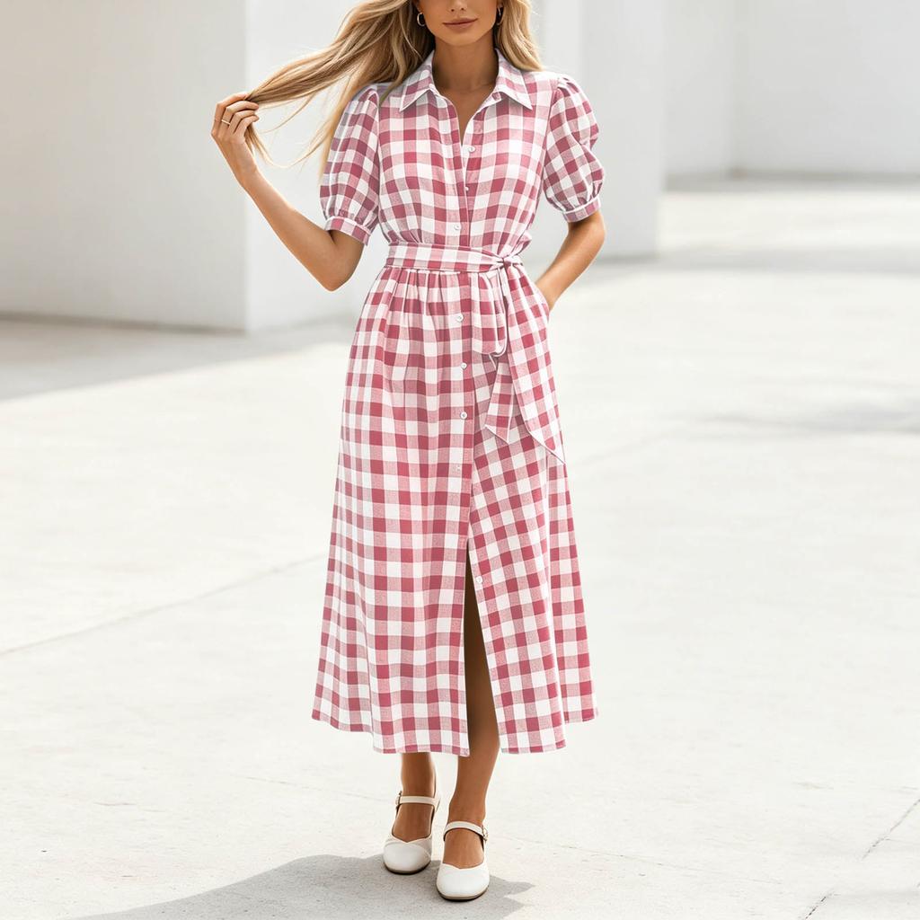 Women Casual Shirt Dress Midi Length Button Front Dress with Belted Waist and Short Sleeve Turn Down Collar Plaid Pattern