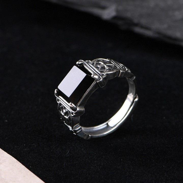 Yintai Versatile Unisex Thai Silver Black Agate Adjustable Ring - Trendy Retro Jewelry Ornament