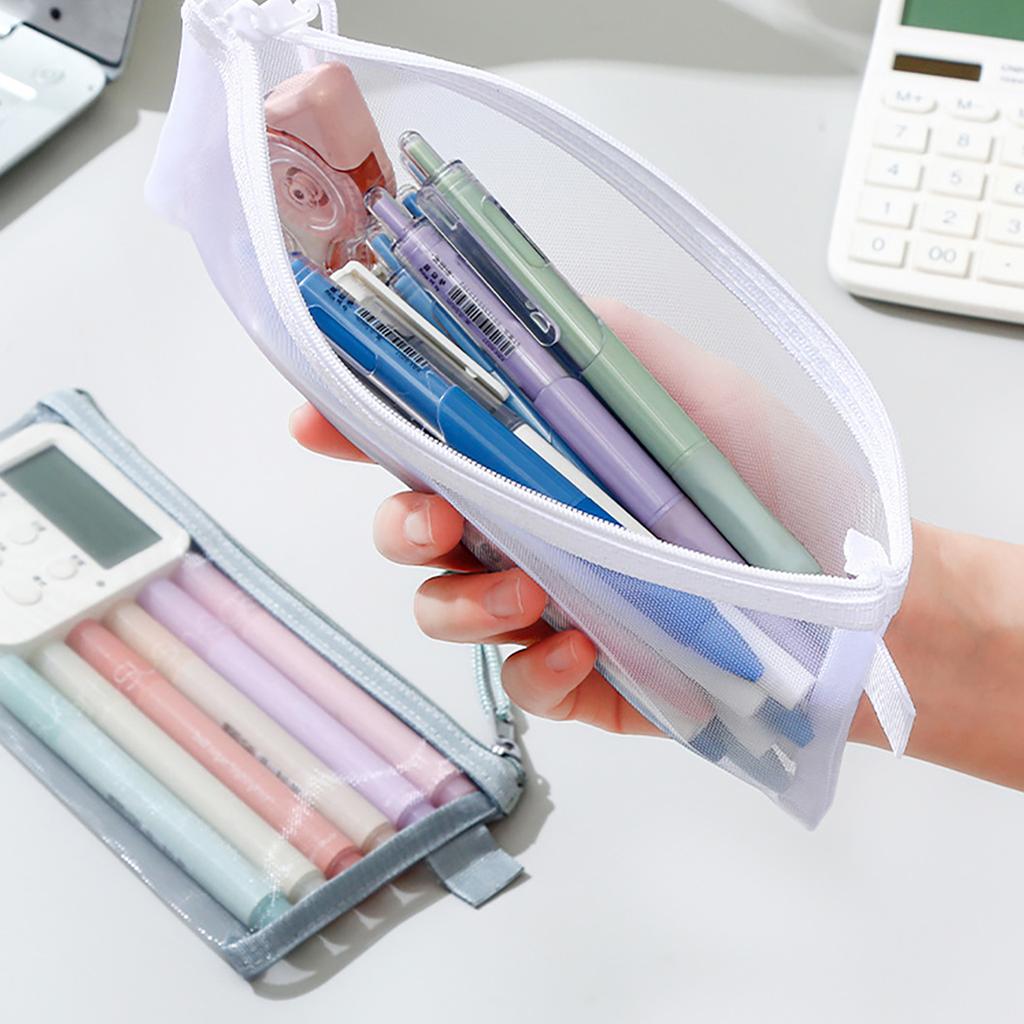 Transparent Mesh Stationery Bag Nylon Zip Pencil Case Large Capacity Storage Bag Travel Back-to-School Office School Supplies