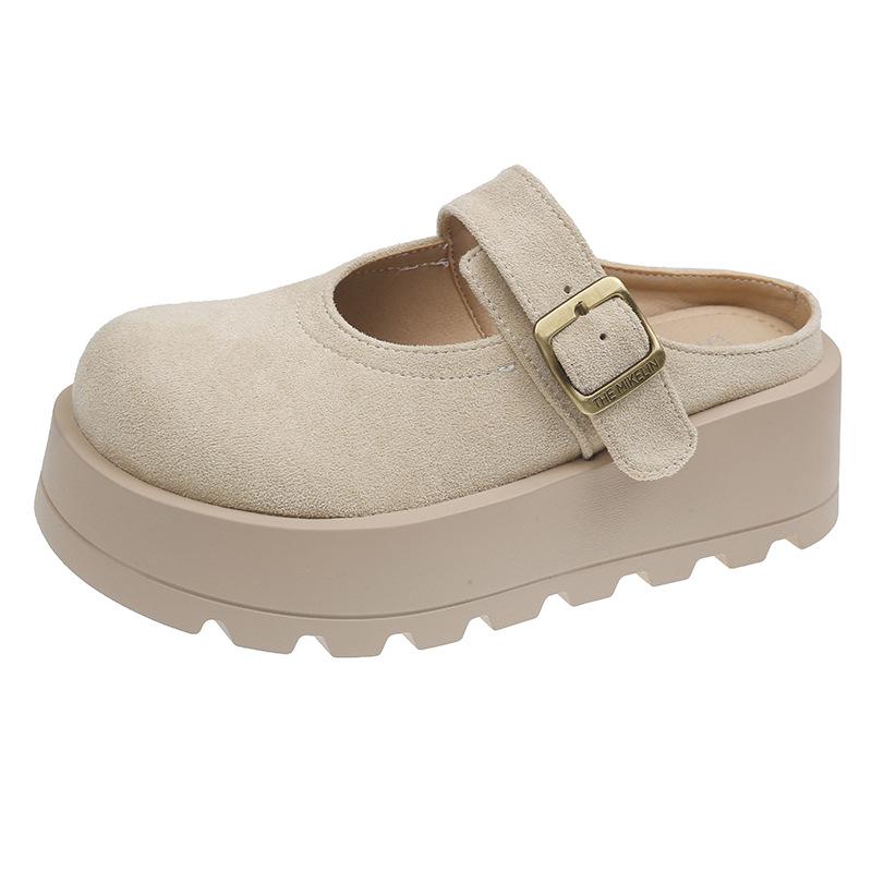 

Mori retro thick-soled bag head slippers for women s outer wear 2025 new one-word buckle lazy one pedal to increase the height by half 40