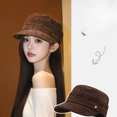 Chapeau d'équitation plat en daim rétro Automne et hiver Nouvelle personnalité Pour femme, polyvalent, montrant le visage Petit chapeau de peintre Chapeau de gavroche