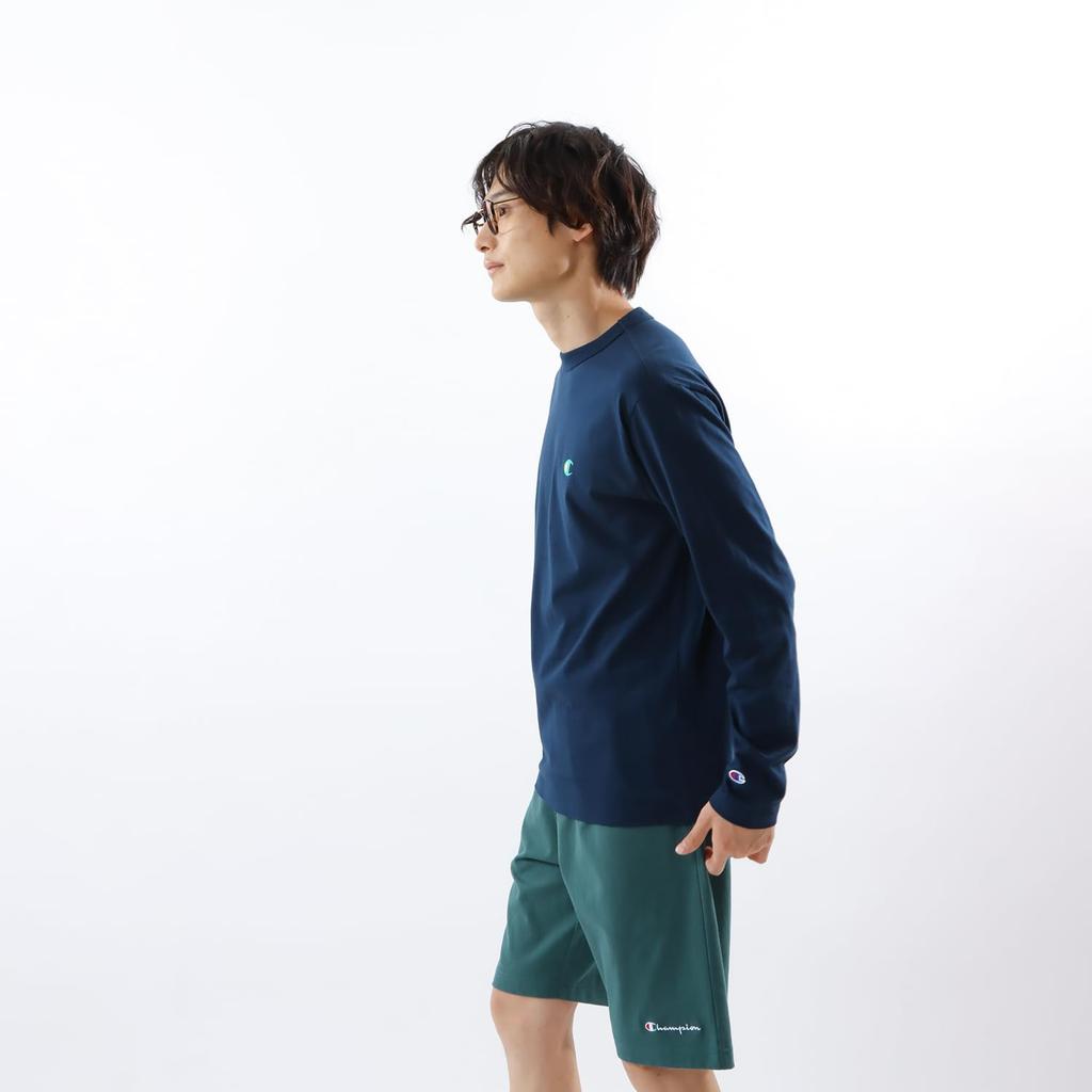 Champion Long Sleeve Long Crew Men's T-Shirt, Navy, Sleeve, Neck, 100% Cotton, One-Point Logo, Basic, C3-Z413