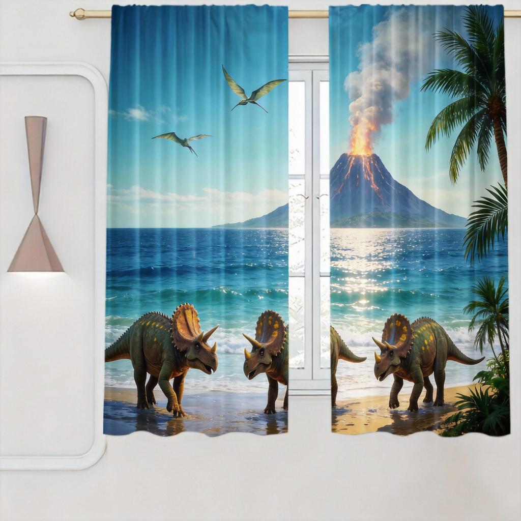 Dinosaur Curtains 2pcs – T-Rex & Jurassic Jungle Scene, Realistic Prehistoric Animal Print for Kids’ Bedroom and Playroom Decor