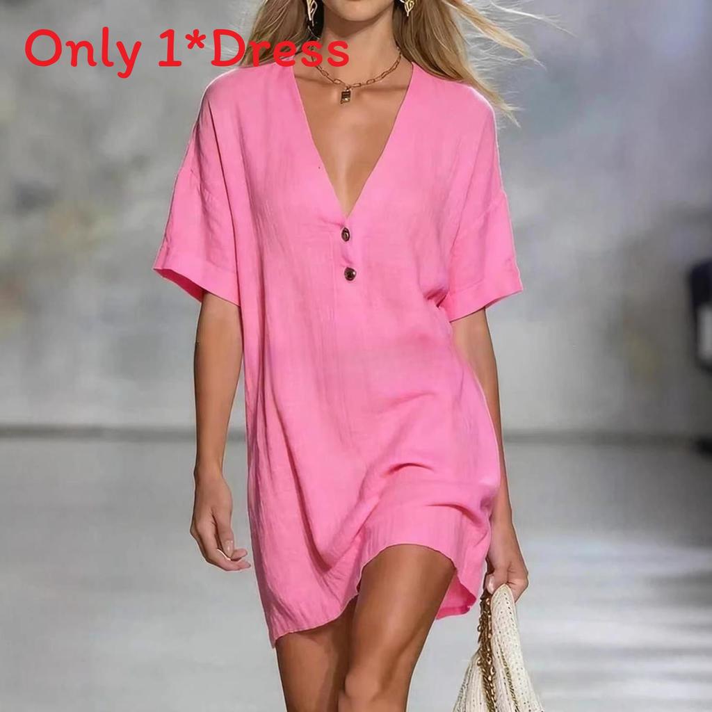 Abito Estivo in Cotone e Lino da Donna con Scollo a V e Collo Semiaperto Stile Casual A-line