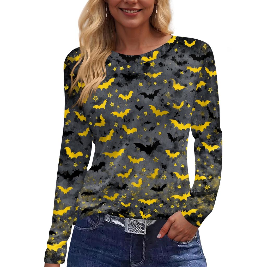 Women's Halloween Print Long Sleeve Top with Side Slit Round Neck for Casual Everyday Wear