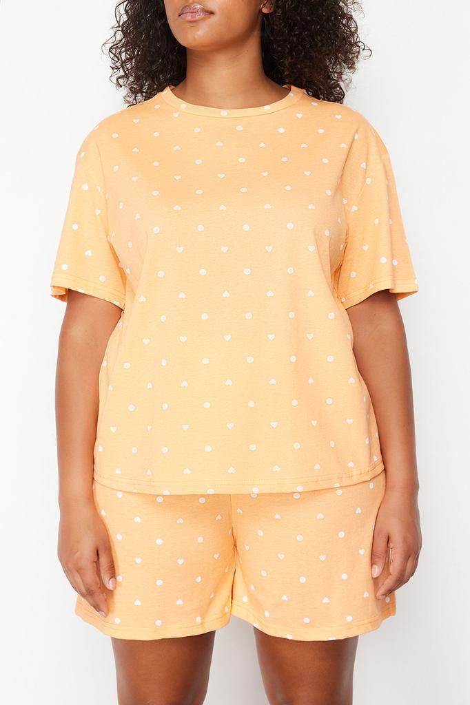 Hellgelbes, gestricktes Pyjama-Set mit Teddybär-Aufdruck für Damen im Plus-Size-Stil