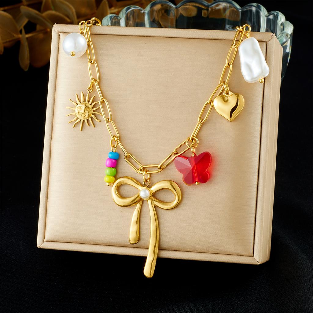 316L Stainless Steel Pearl Inlay Big Bowknow Sun Heart Pendant Necklace Women Trendy Personality Neck Chain Jewelry