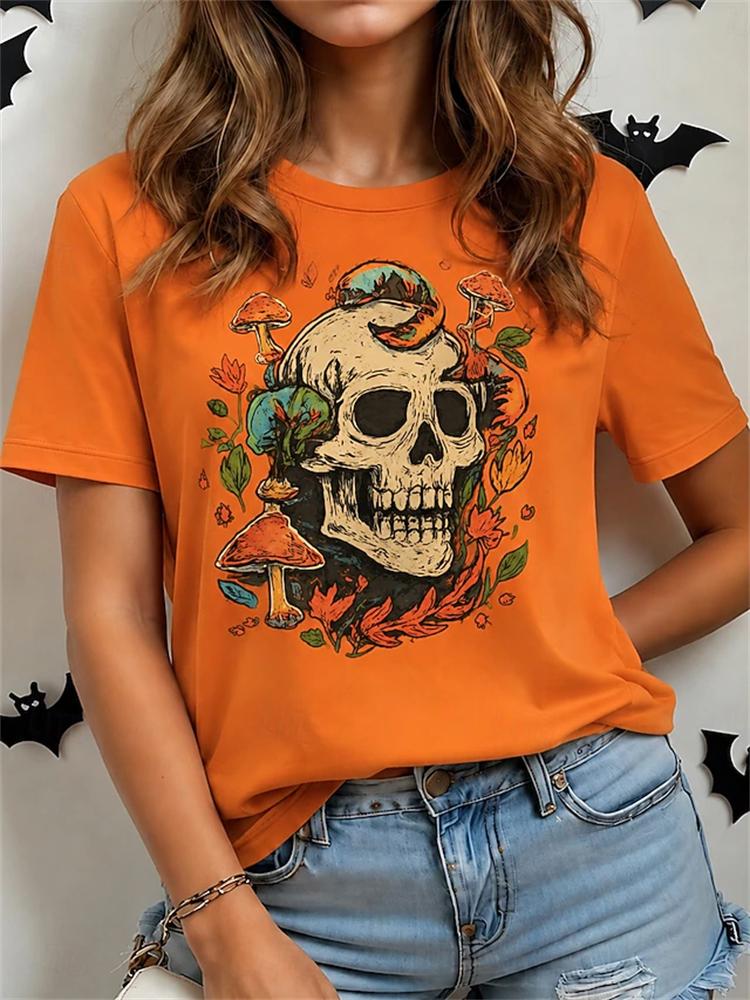 Unisexs Fashionable Casual Shortsleeve Halloween Tshirt With Spooky Skull Print And Round Neckline Perfect For Holiday Parties