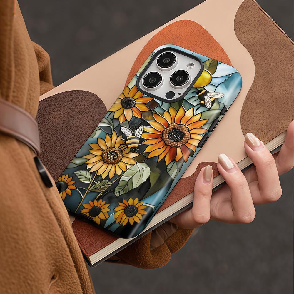 Niche Retro Style Sunflower Bee Illustration Apple 17 Mobile Phone Case iPhone13promax Double Protective Case