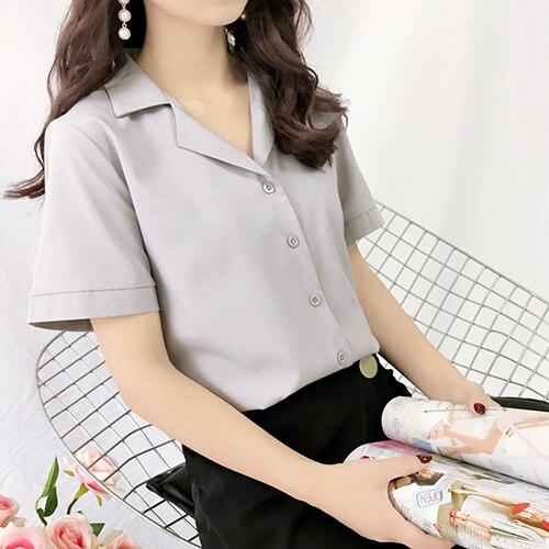 Camicetta da donna Camicetta alla moda a maniche corte con scollo a V, casual, da ufficio, camicie bianche, top in stile coreano giapponese