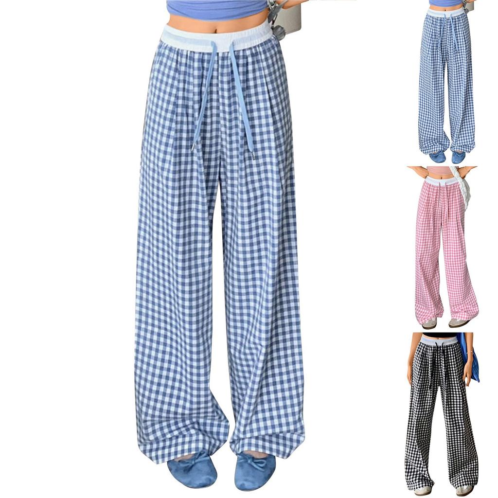 Women's Summer Elastic Waist Drawstring Wide Leg Plaid Trousers Casual Home Loose Pants With Pockets