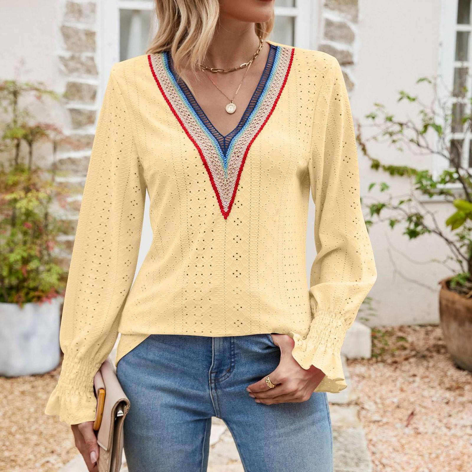 

Женский однотонный топ-футболка с длинными рукавами и V-образным вырезом, свободного кроя, с кружевной отделкой XL жёлтый