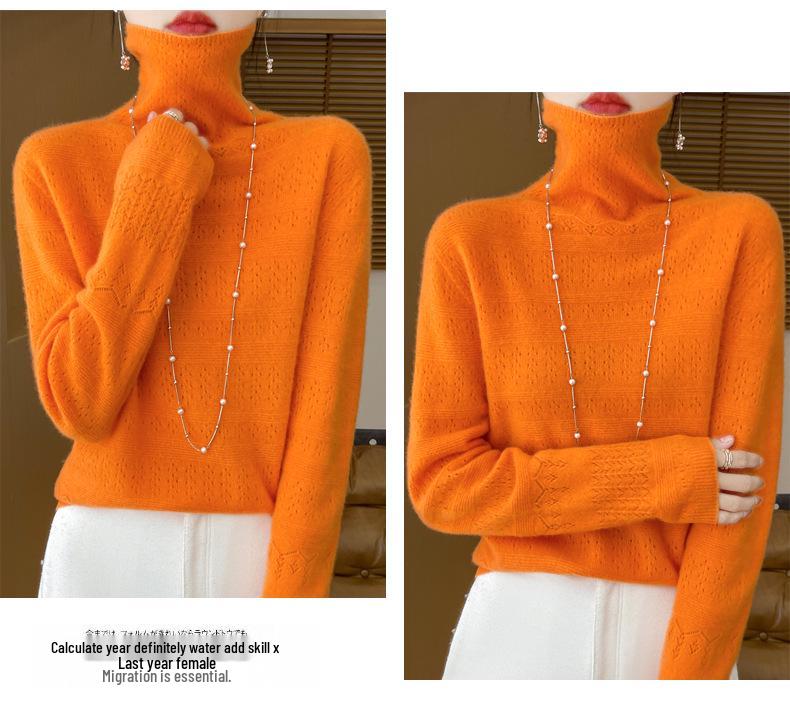 Women's Pure Wool Mock Neck Sweater - Seamless Hollow Knitwear for Autumn/Winter