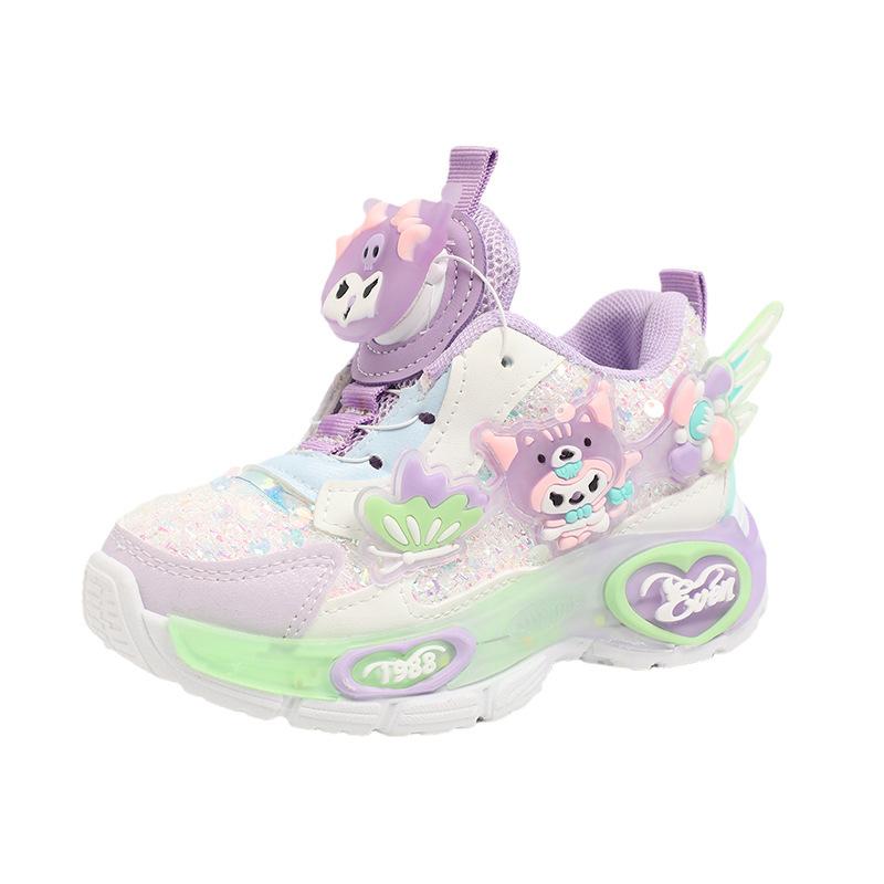 Girl Cartoon Rotating Button Sneakers - New Style with Soft Sole and Illuminated Shoes