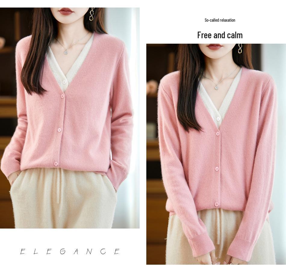 100% Wool Color Block V-Neck Women's Two-Piece Knit Cardigan Sweater - Autumn/Winter 2026