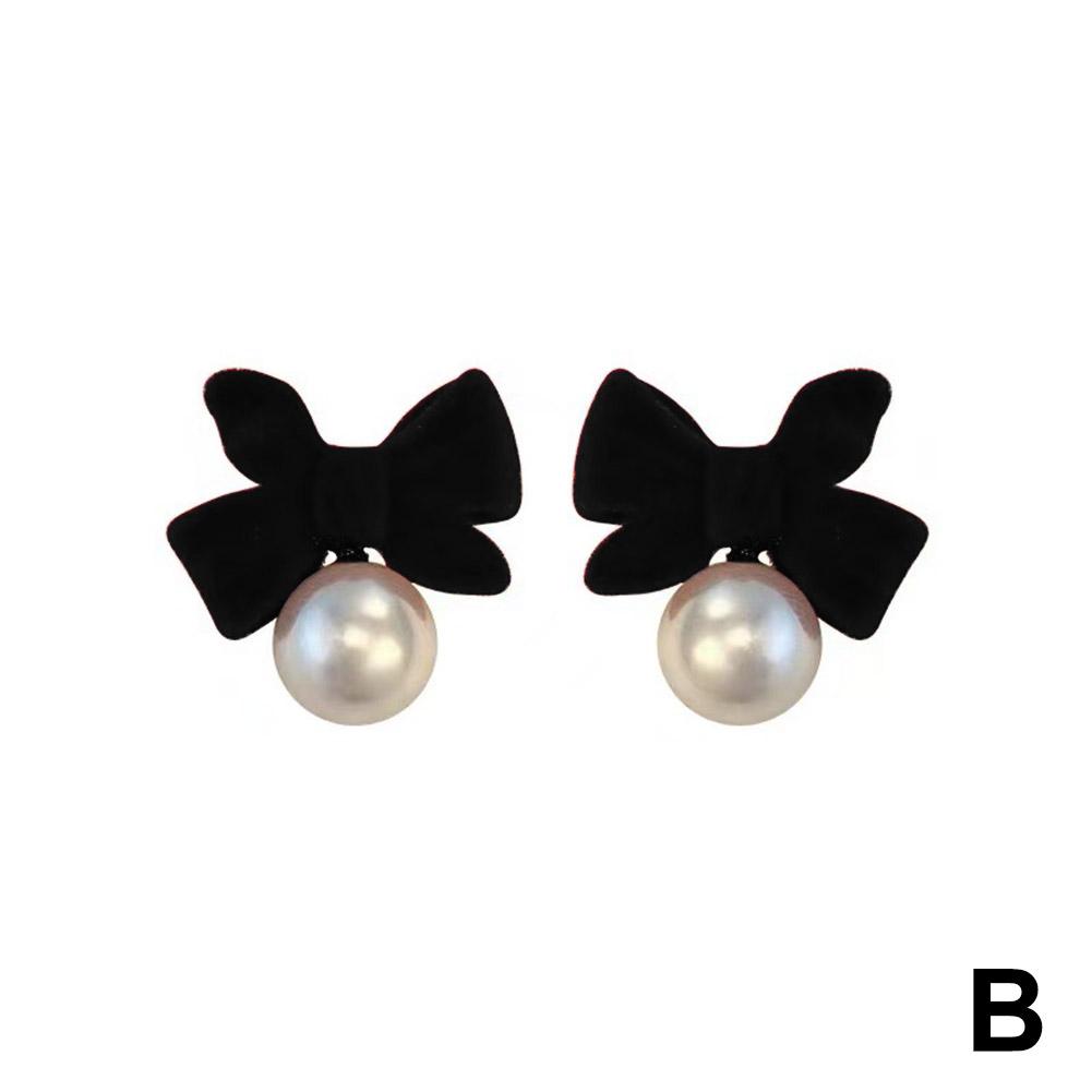 Fashion Flocking Bowtie Pearl Pendant Earrings French Stud Jewelry Earring Ear Bowknot Retro Velvet Bow Red New Year Girl 1PCS