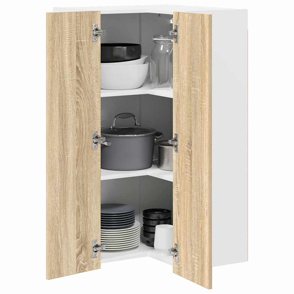 Hanging Corner Cabinet with Door Sonoma Oak and White 57 X 57 X 100 Cm