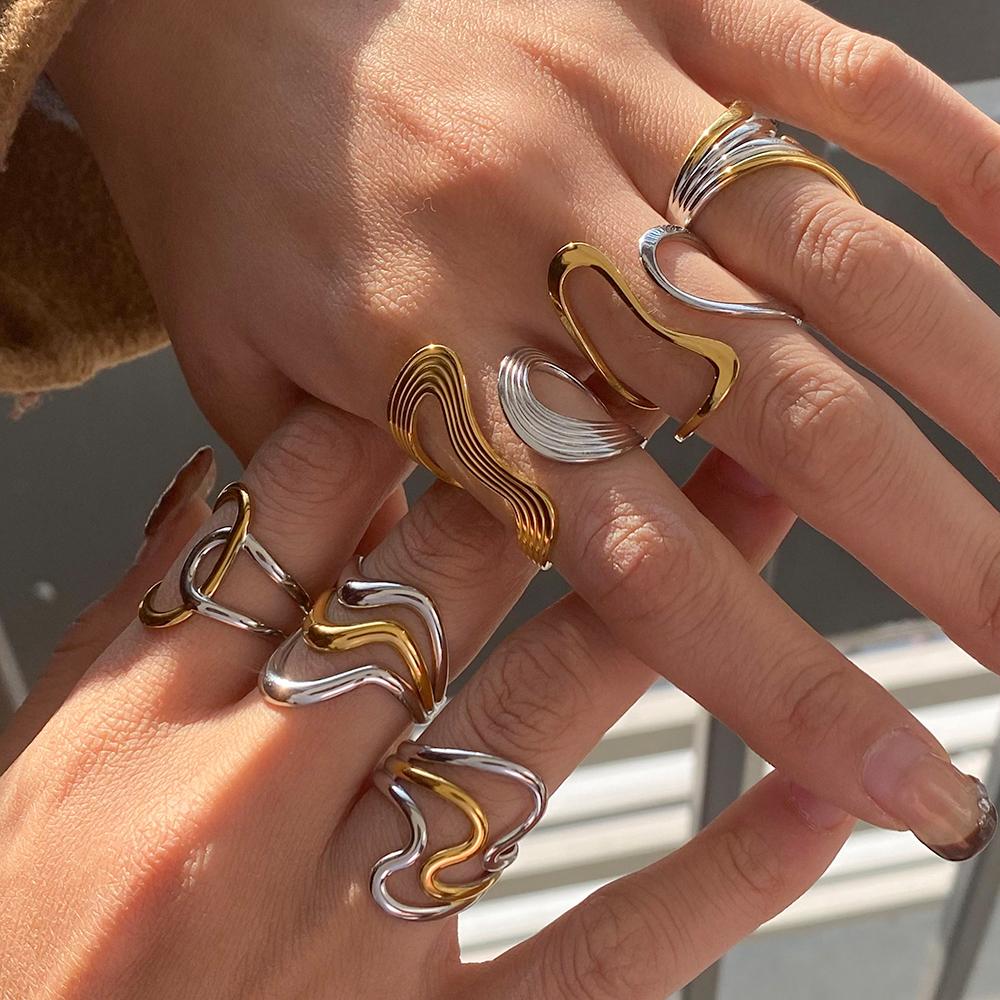 Yori 18K Gold Plated Stainless Steel Ring Collection Modern Fluid Designs for Everyday Formal Wear Durable Hypoallergenic
