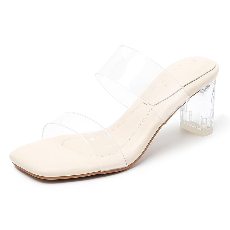 Transparent sandals women's one-word sandals thick-heeled high-heeled outer slippers summer crystal beautiful shoes