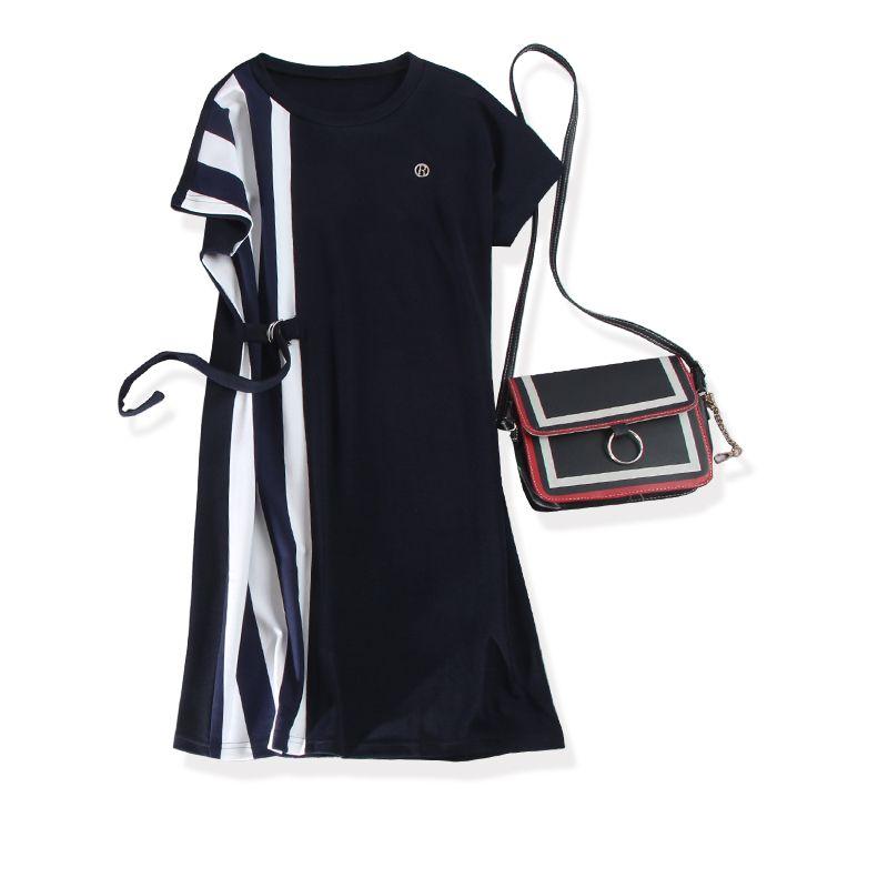 

Европейский контейнерный стиль ~ Платье с контрастной расцветкой и шнуровкой по бокам! Ожужан Женское платье свободного кроя с рукавами реглан, темперамент Dark blue L