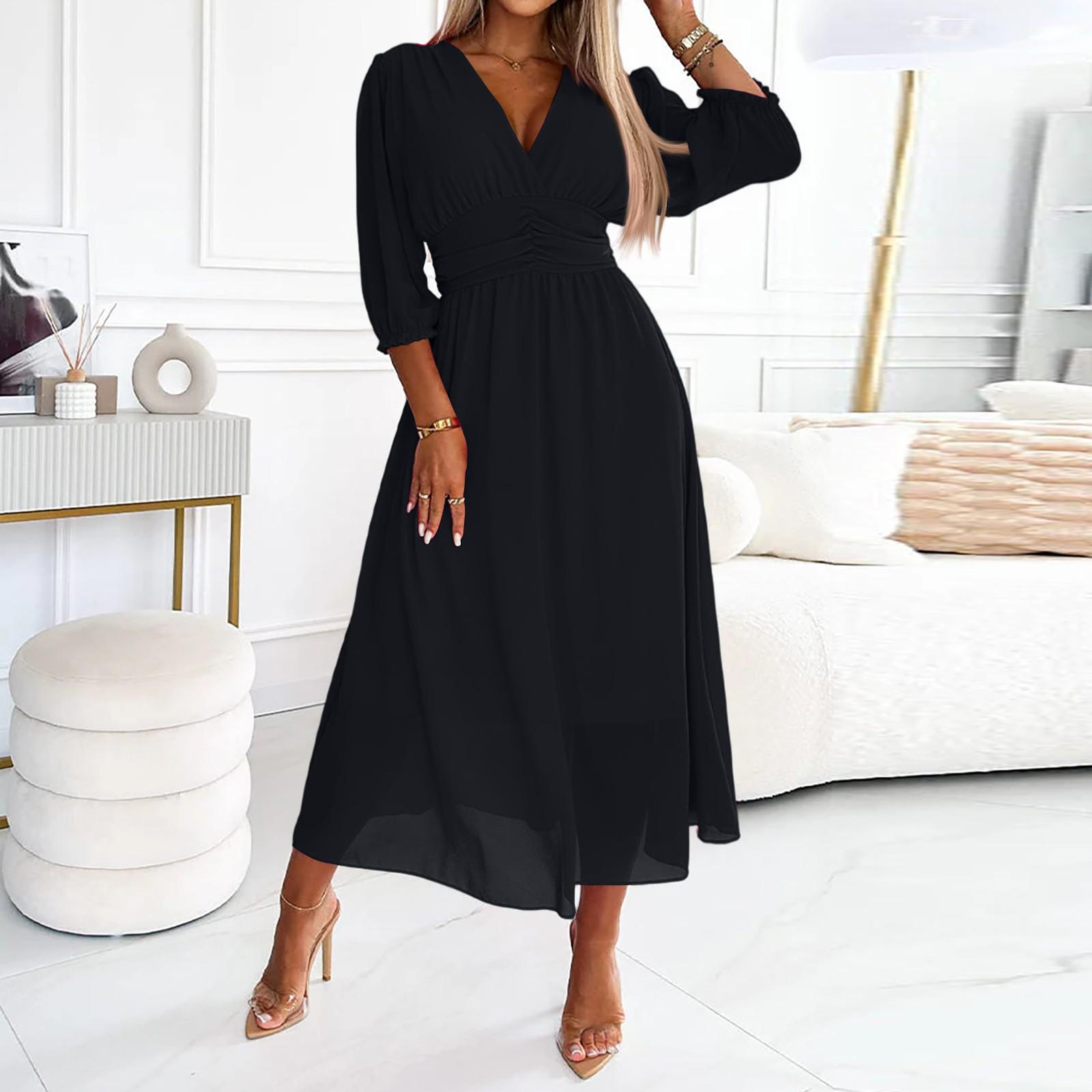 

Женское свободное удобное повседневное модное платье с V-образным вырезом, затянутой талией, однотонное, с большим подолом, сексуальное L чёрный