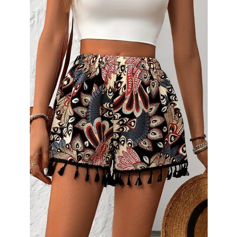 Women Peacock Feather Print Elastic Drawstring Waist Tassel Hem Loose Casual Beach Shorts