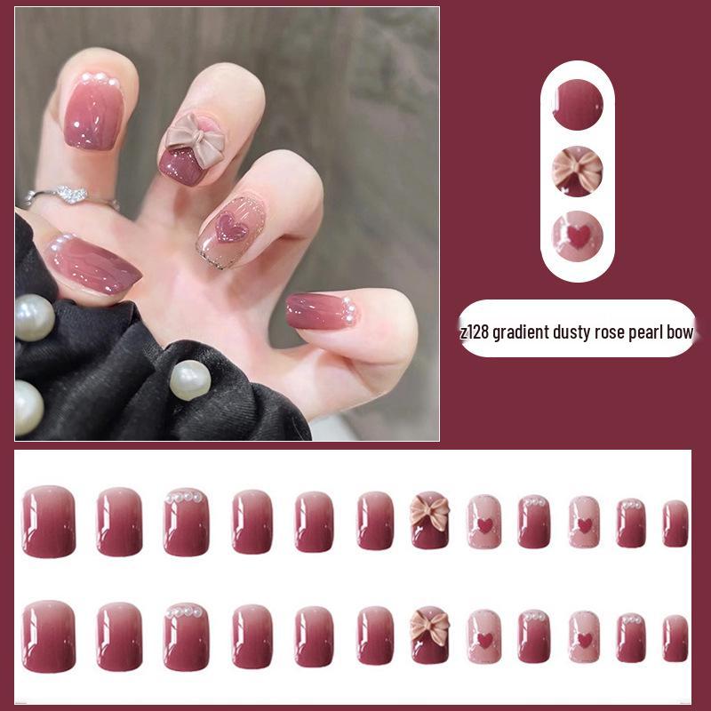 

High-End Udo Gradient Taupe Pearl Bow Detachable Nail Tips