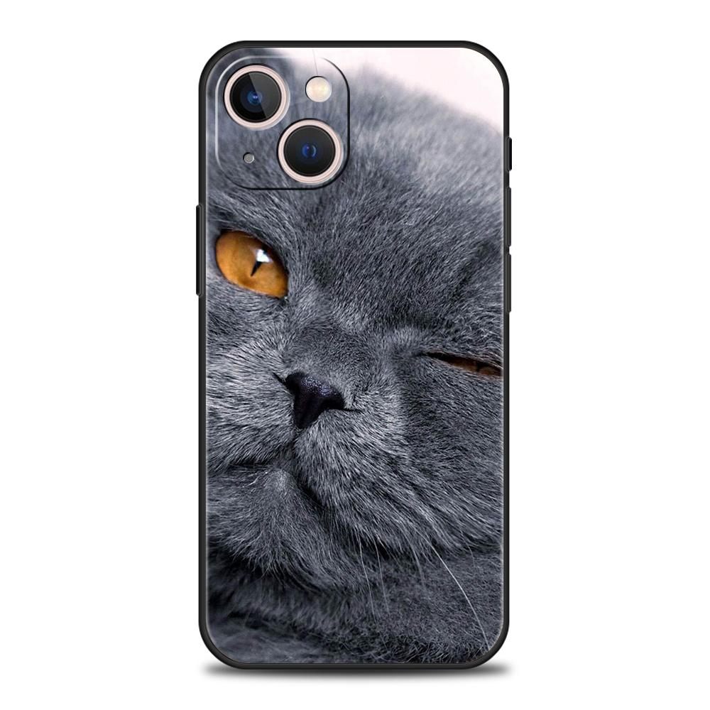 British Shorthair Cat Luxury Phone Case For iPhone 11 12 13 14 15 16 Pro Max Mini X XR XS 7 8 Plus SE Silicone Cover Black Funda