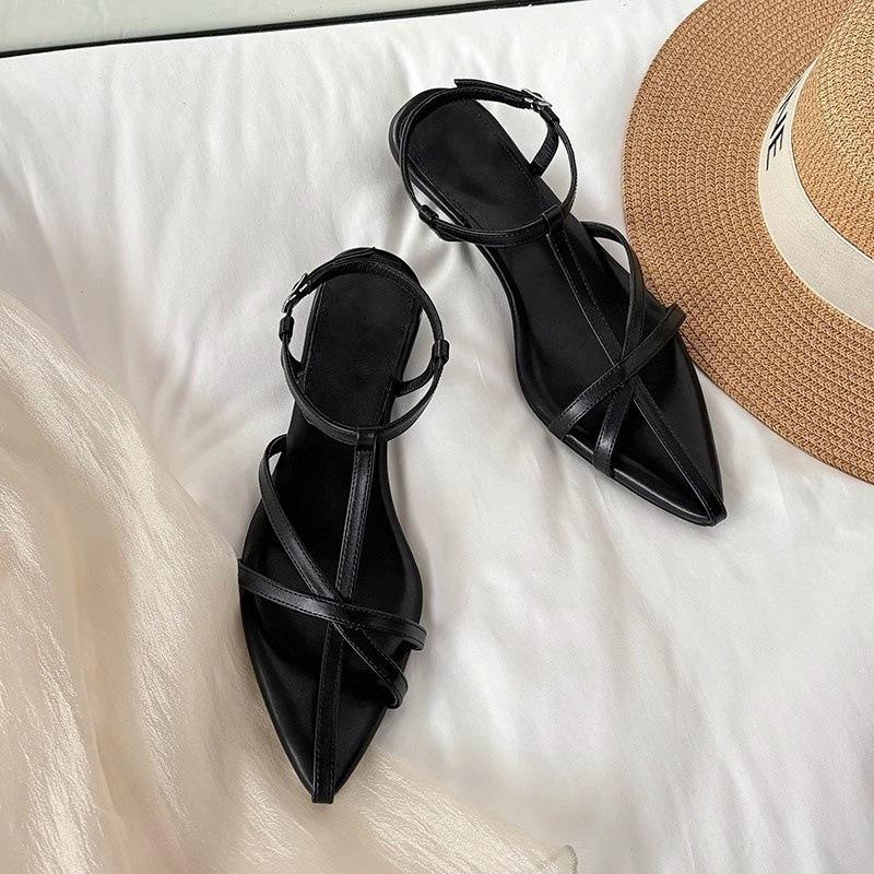 

Vintage Niche Cross Strap Roman Sandals Women s Open-toed Pointed Wedge Heels 35 чёрный